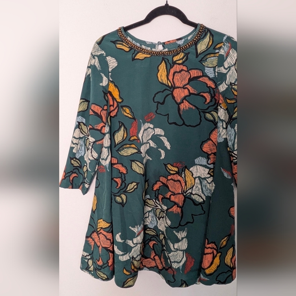 Maeve Anthropologie Mini Dress Green Peonies 3/4 Sleeve Small Beaded Neck Sz PS - Picture 5 of 14